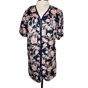 Vintage Finer Most, extra small, Intimates blue pink roses button front, short s